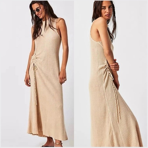 Free People Dresses & Skirts - NWT FP One Women’s XL Beige Natasha Sleeveless Midi Dress Ribbed Mock Boho Beach